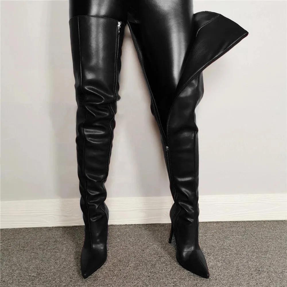 Women sexy stiletto thigh high boots PU leather pinted toe over the knee boots